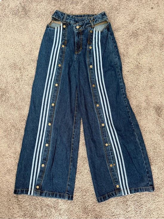 adidas Pants - Beyoncé ivy park x adidas Wide Leg Dark Blue Jeans with Light Blue Stripe Detail